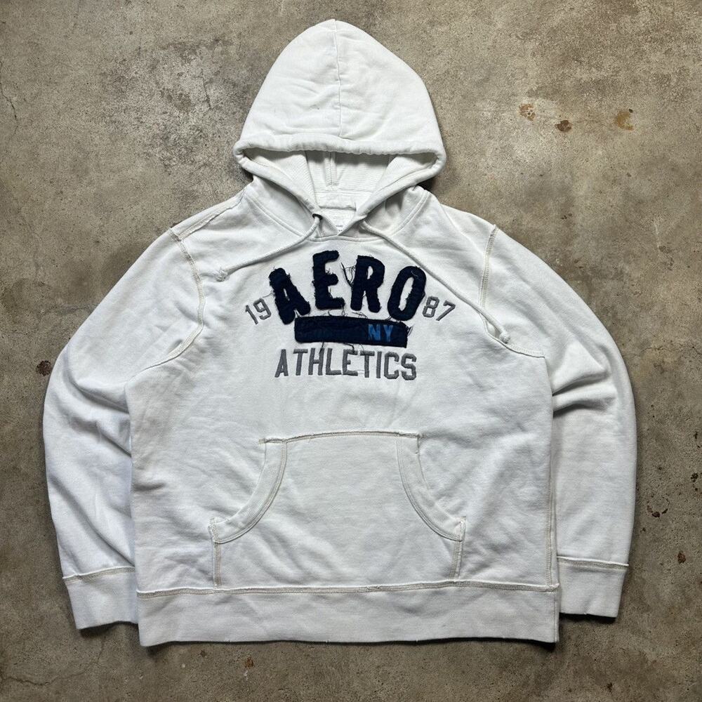 Vintage Y2K White Aeropostale Distressed Big Logo Hoodie Size XL